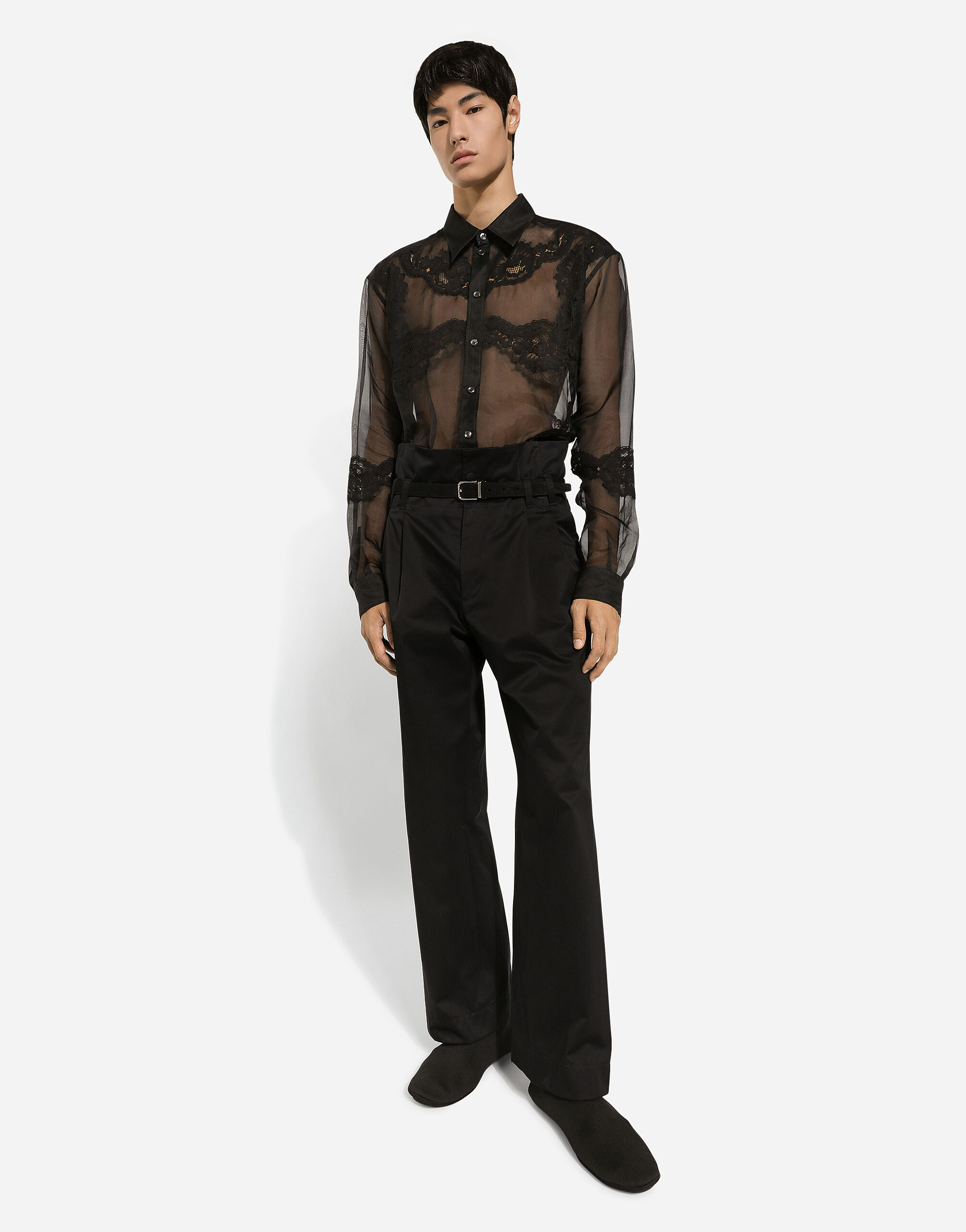 Oversize organza shirt with lace inserts in Black for 