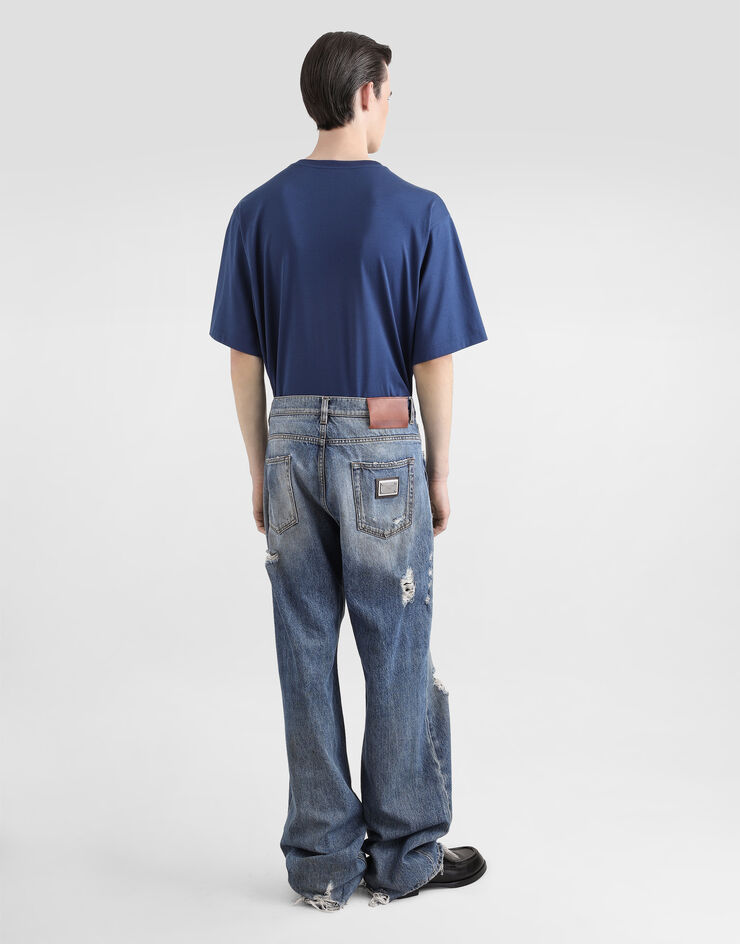 Dolce & Gabbana Camiseta de algodón con bolsillito y logotipo bordado Azul G8PN9ZG7O4J