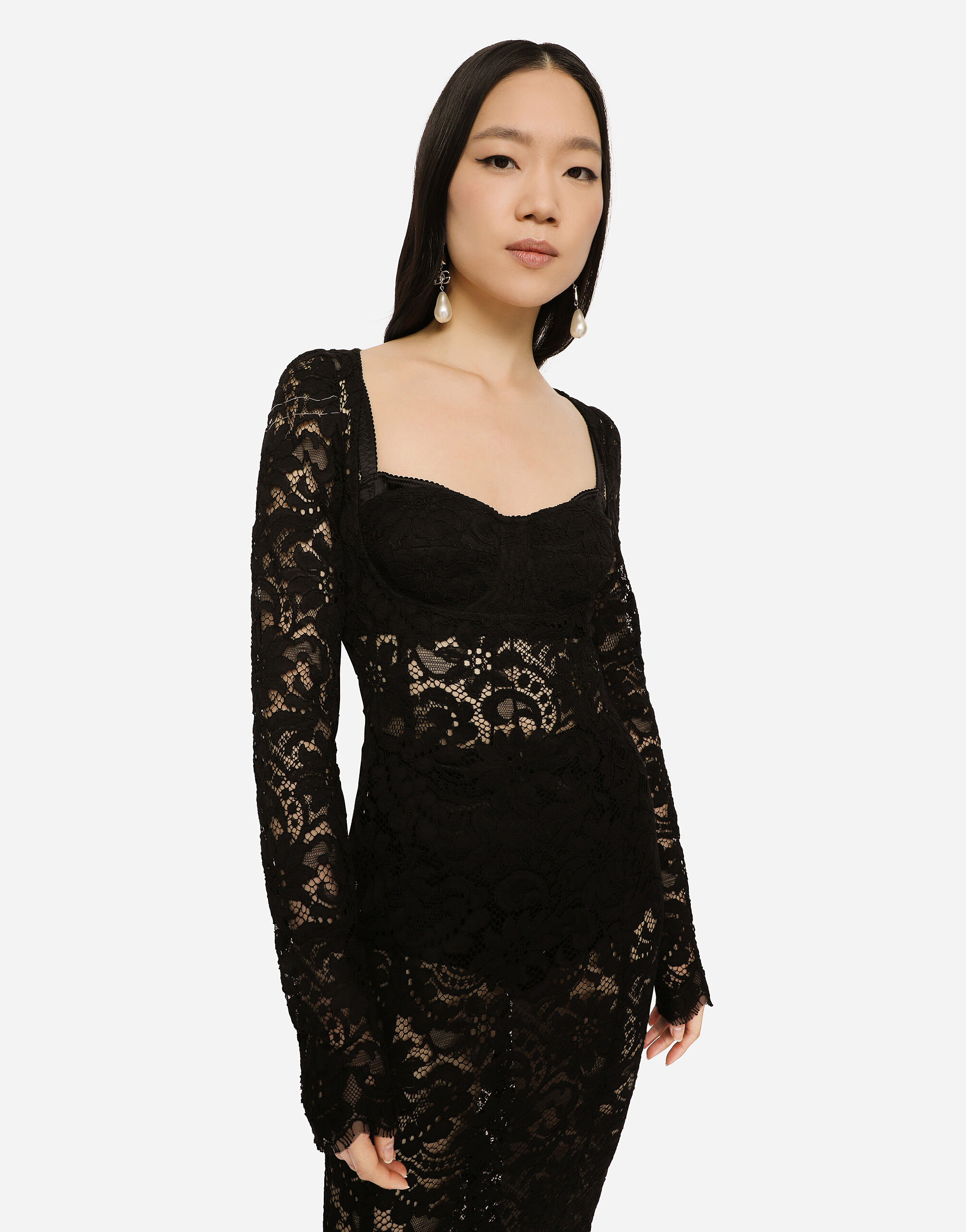 Lace calf-length dress with scalloped detailing in Black for