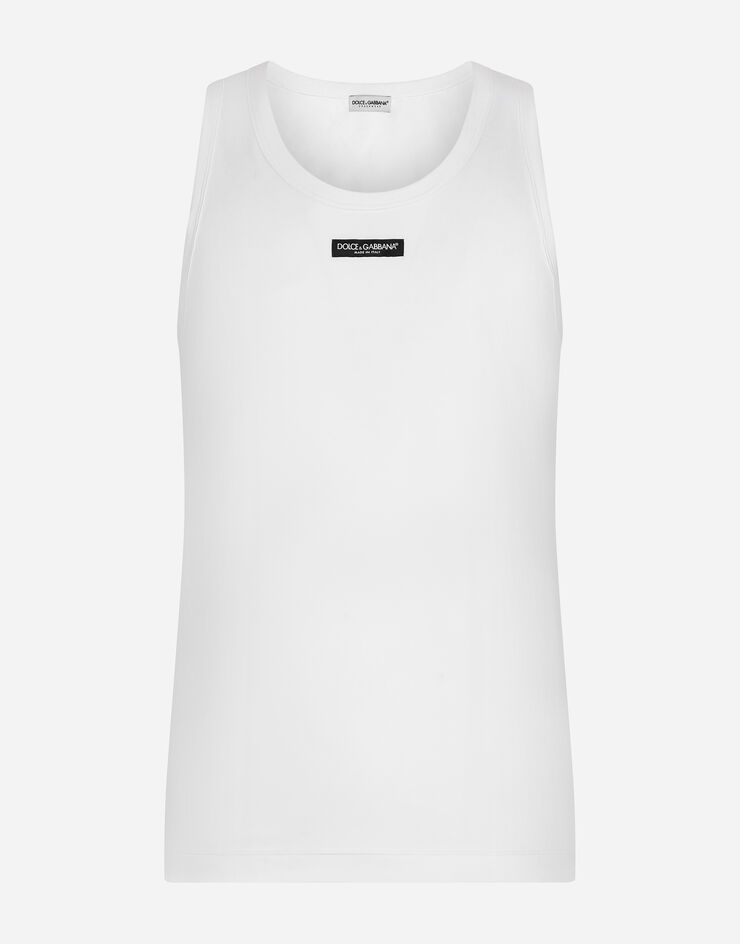 Dolce & Gabbana Two-way stretch cotton tank top with logo label Weiss M8E96JFUEB0