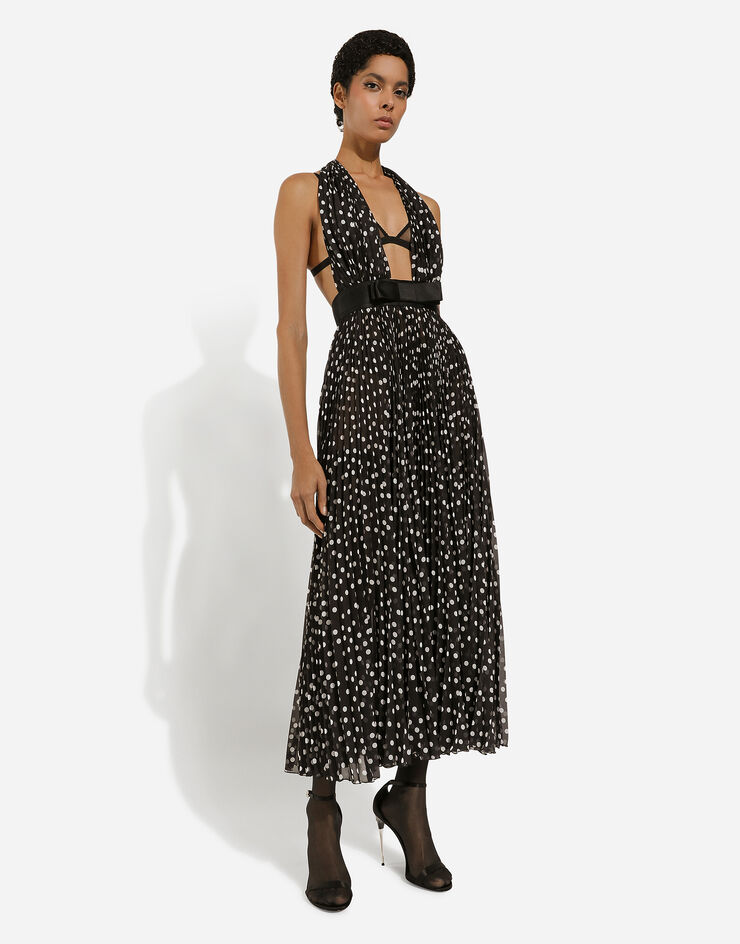 Dolce & Gabbana Vestido longuette escotado de chifón con estampado de lunares Imprima F6JFKTFSMQ7