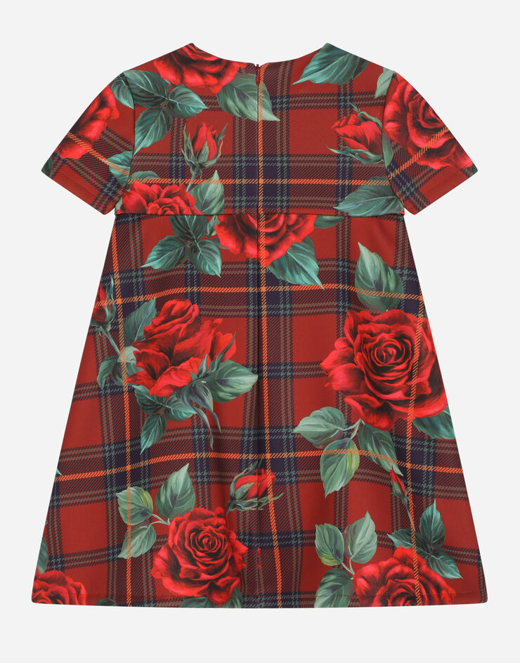 DolceGabbanaSpa Short-sleeved scuba dress with tartan and rose print Red L5JD6NFSG7I