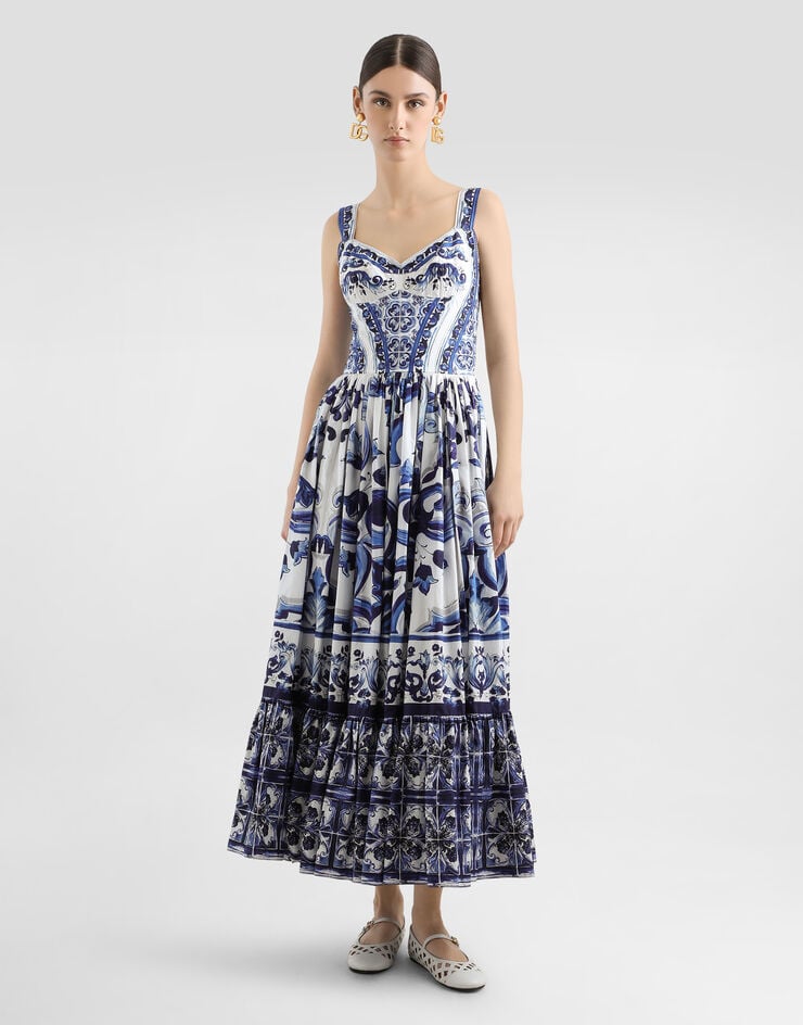 Dolce & Gabbana Calf-length bustier dress in majolica-print poplin Multicolor F6AEITHH5A1
