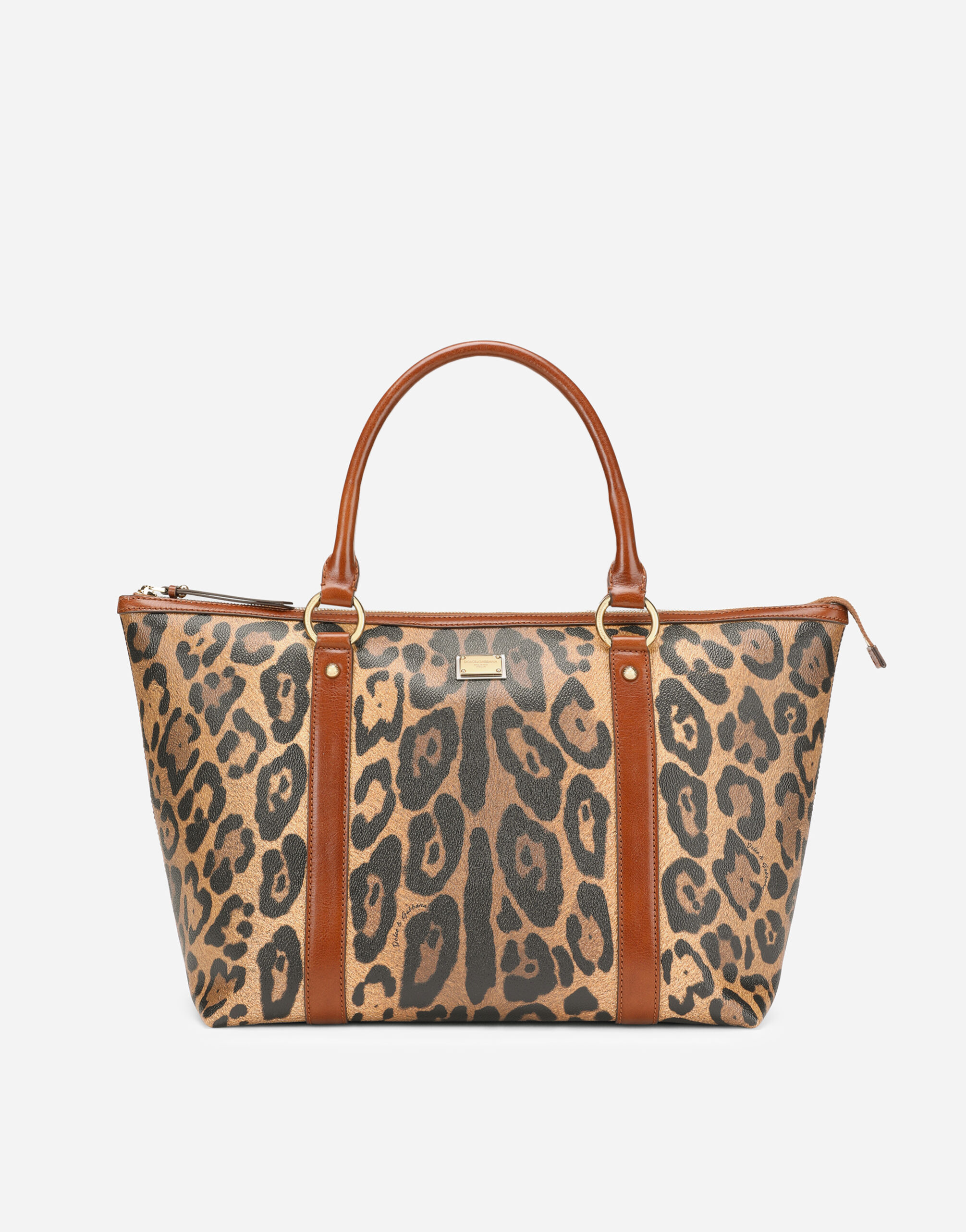 Dolce & Gabbana Bolso shopper mediano en crespo estampado leopardo con placa con logotipo Multicolor BB6933AW384