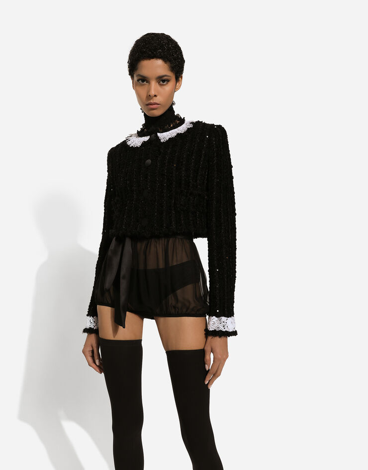 Dolce & Gabbana Veste courte en tweed à micro paillettes brodées Noir F27AHTHUMKN