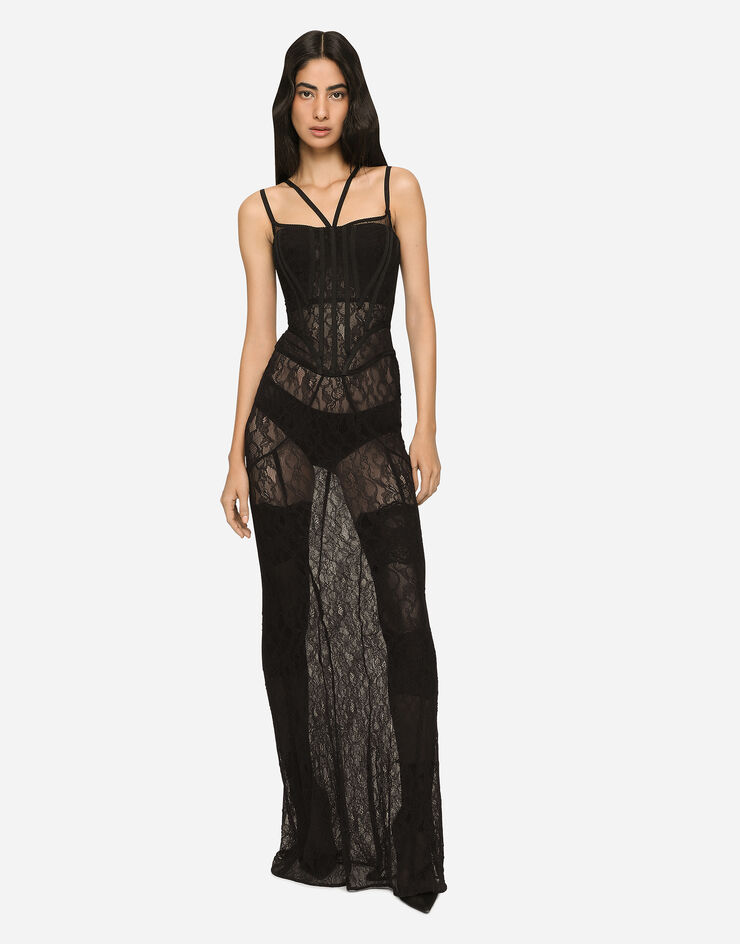 Dolce & Gabbana فستان كورسيه دانتيل طويل أسود F6CLTTFLUBM
