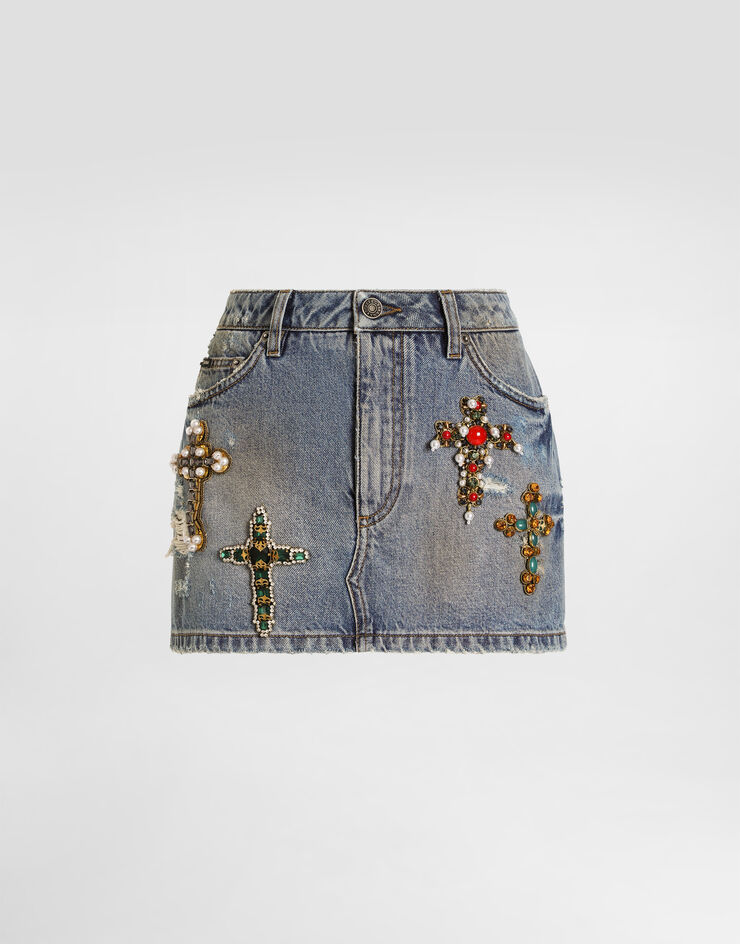 Dolce & Gabbana Denim miniskirt with embroidery Multicolor F4C2TZG8PG5