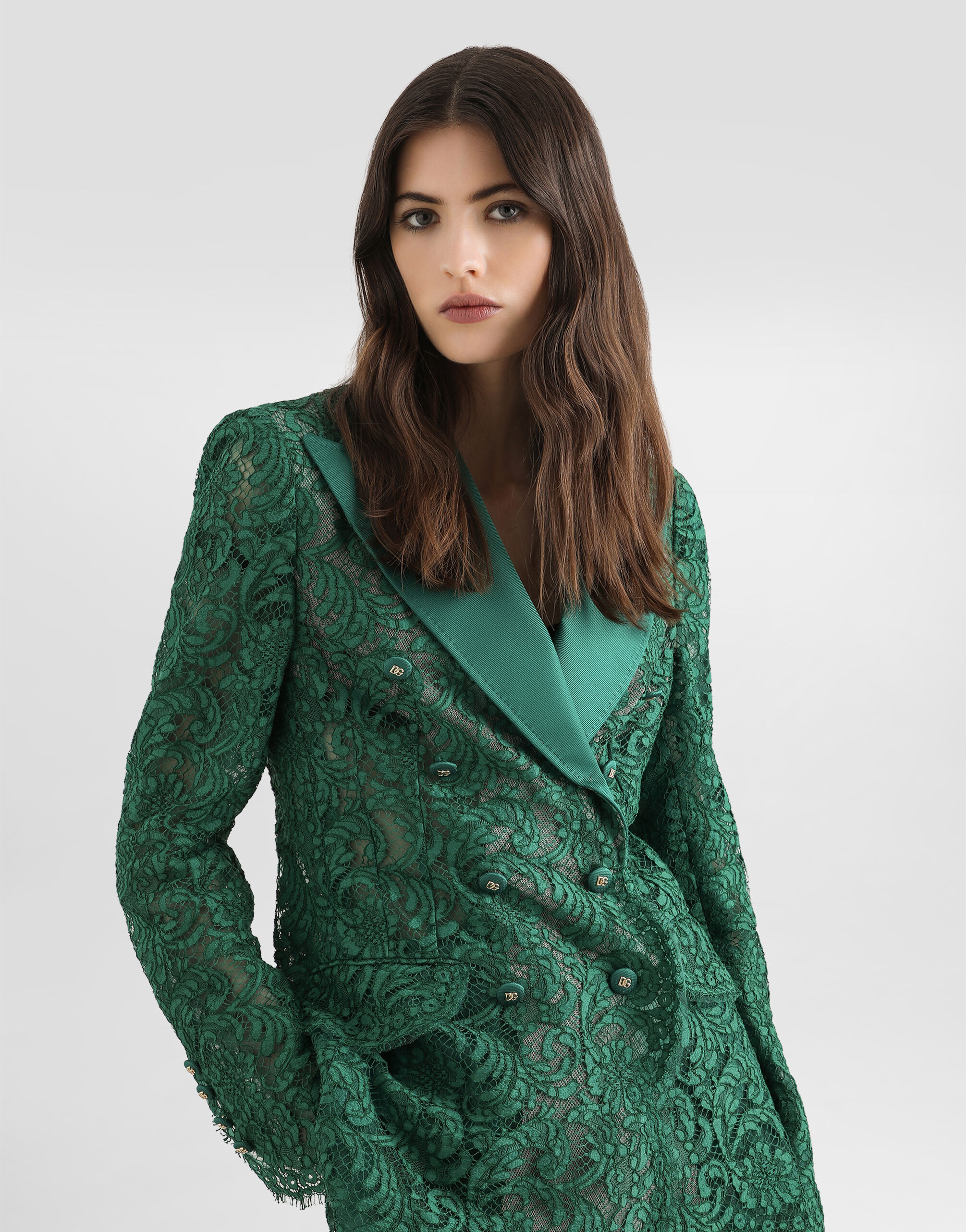 DOLCE&GABBANAエメラルドグリーンバージンウールブークレジャケット36 Double-breasted lace jacket in Green for Women | Dolce&Gabbana®