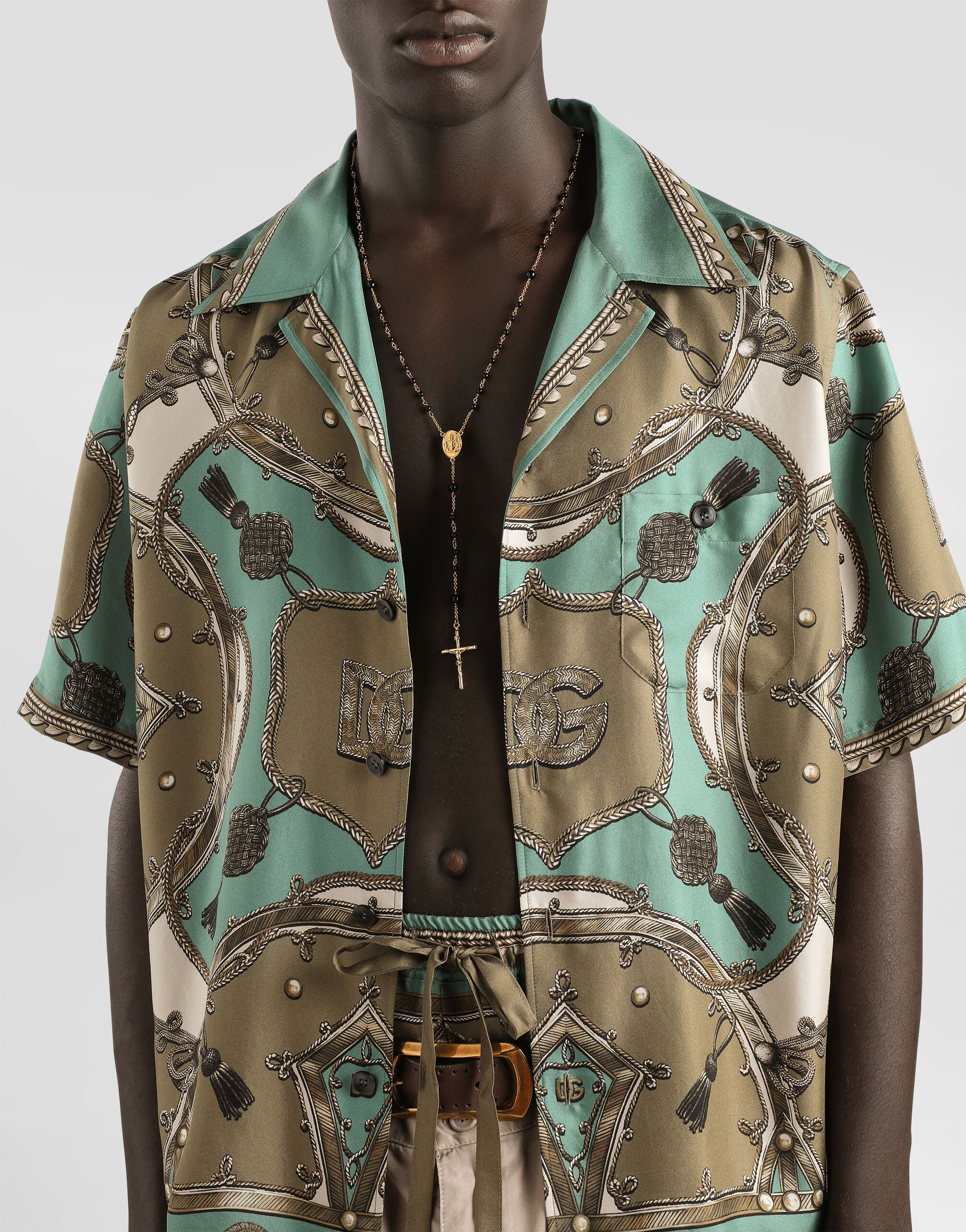 DOLCE&GABBANA　トラとオウムのプリントポロシャツ Majolica-print silk twill hawaii shirt in Multicolor for Men