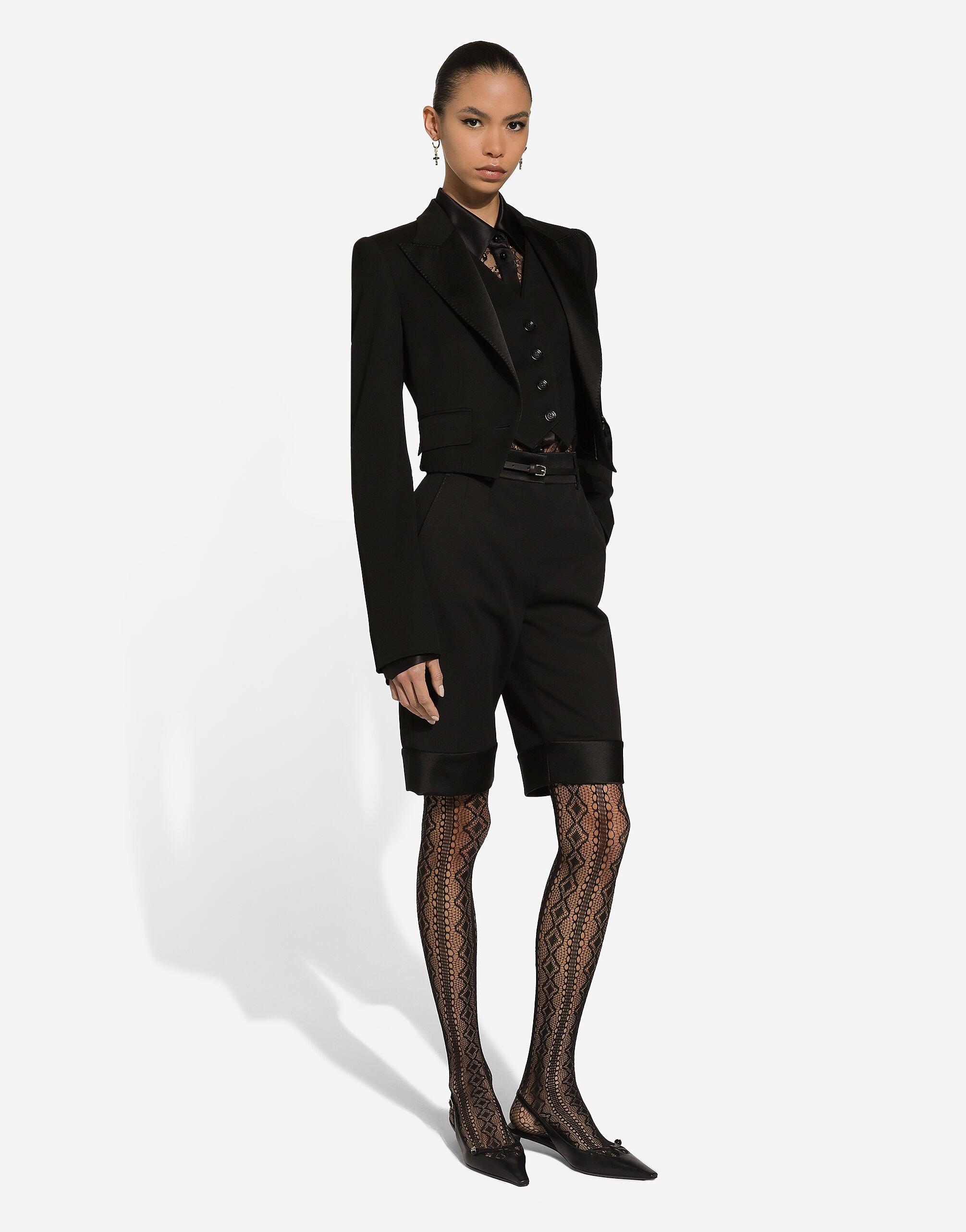 Short wool gabardine jacket with vest in Black for Women