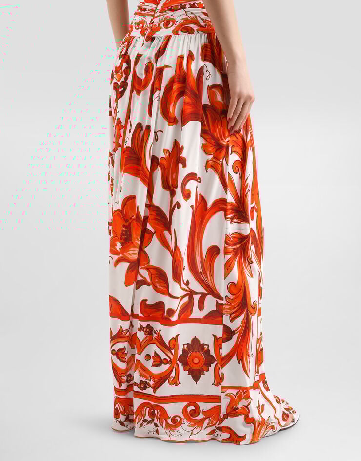 Dolce & Gabbana Vestido largo en organza con estampado de mayólica Multicolor F614VTFS8DR