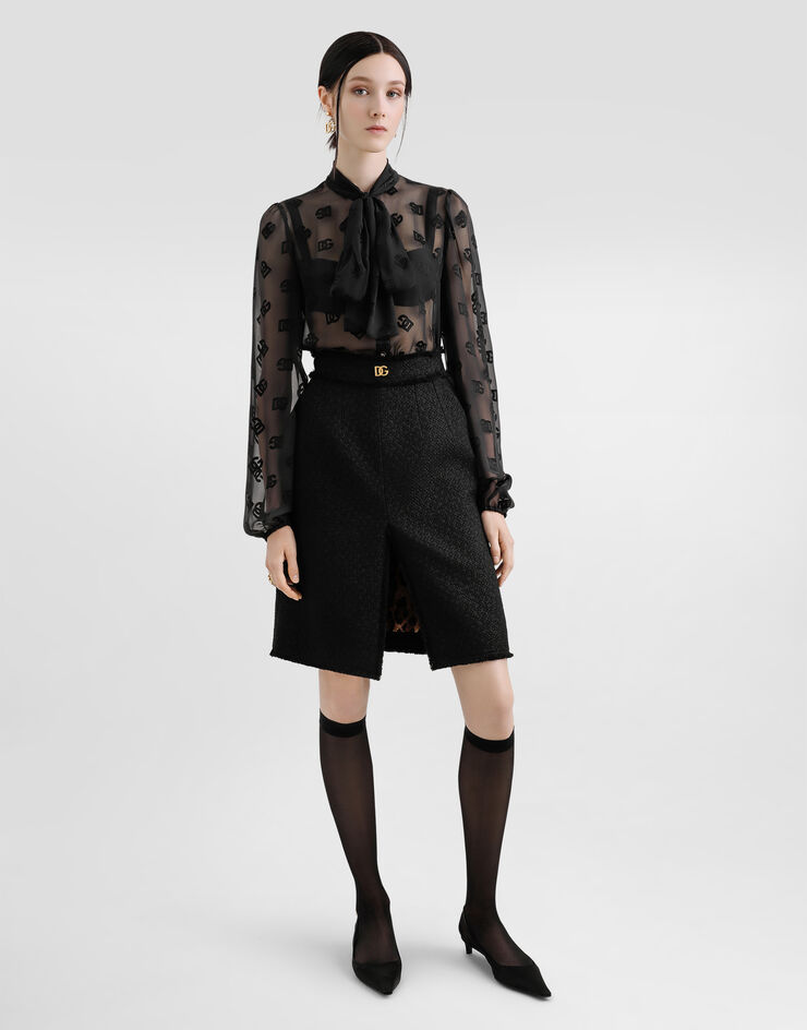 Dolce & Gabbana قميص حرير بشعار DG ديفوريه Black F5Q44TFJTBR