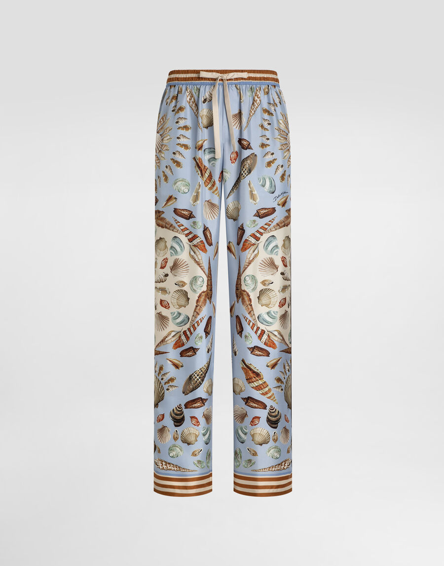 Shell-print silk twill trousers