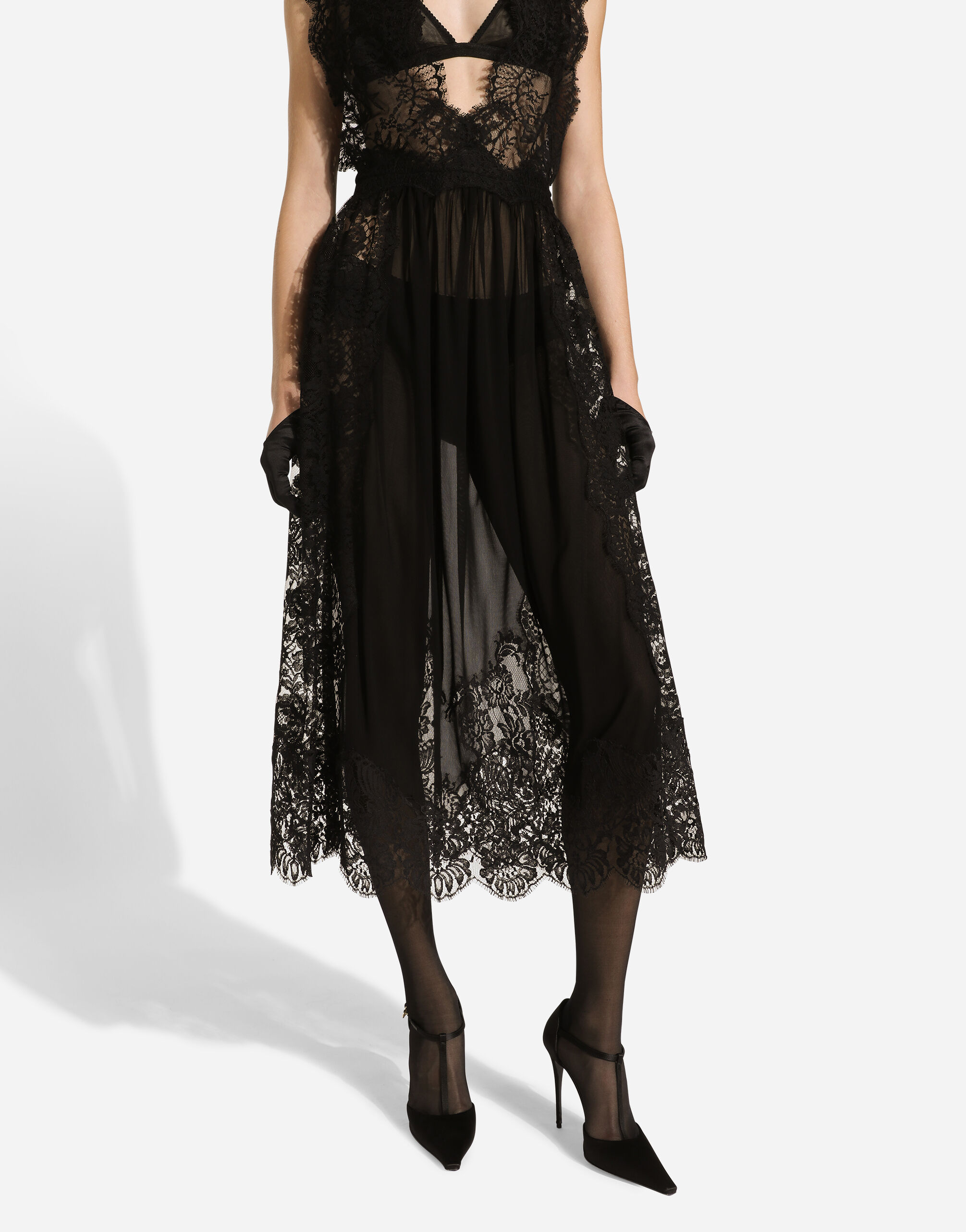 Calf-length Chantilly lace dress with organzine details in Black