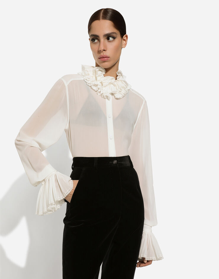 Dolce & Gabbana Camisa de georgette con detalles en el cuello y puños plisados Blanco F5S22TFUAFU