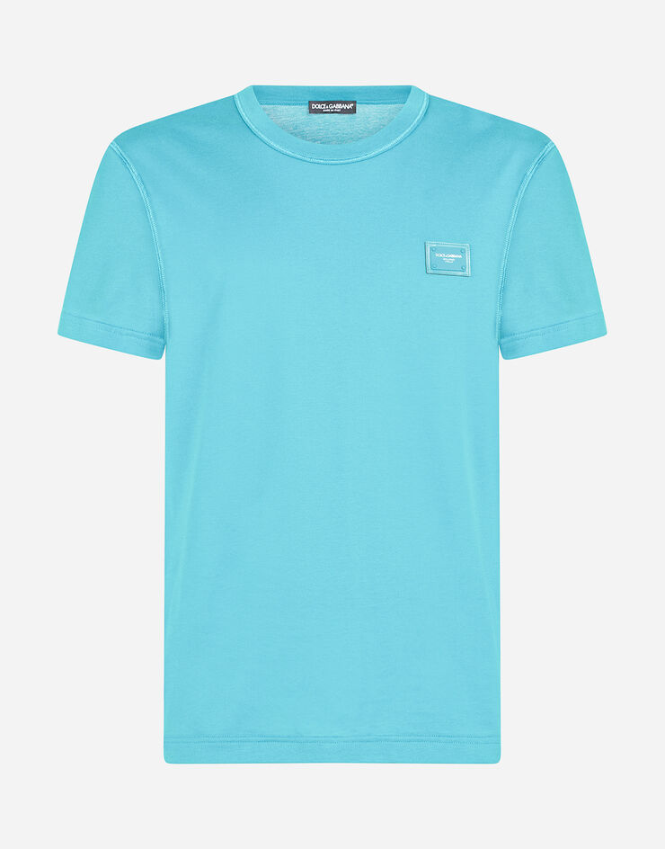 Dolce & Gabbana Camiseta de algodón con placa con el logotipo Azul Claro G8KJ9TFU7EQ