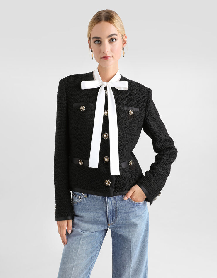 Dolce & Gabbana Einreihige Kurzjacke aus Bouclé-Tweed mit Schmuckknöpfen Schwarz F27DAZFU3JL