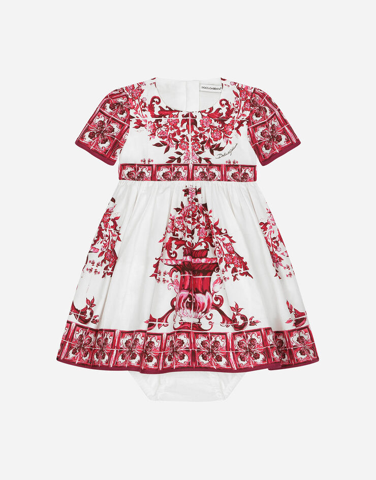 DolceGabbanaSpa Kurzarm-Kleid aus Popeline Majolika-Print Mehrfarbig L23DN0G7J6Z