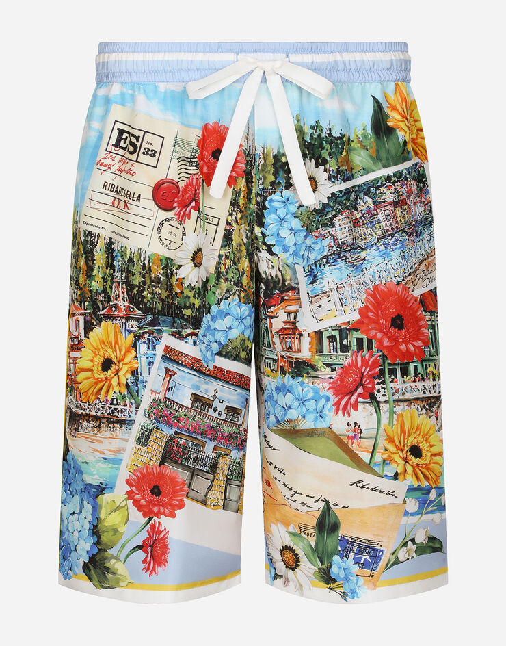 Dolce&Gabbana Silk habotai jogging shorts with landscape print Multicolor I4284MGH179