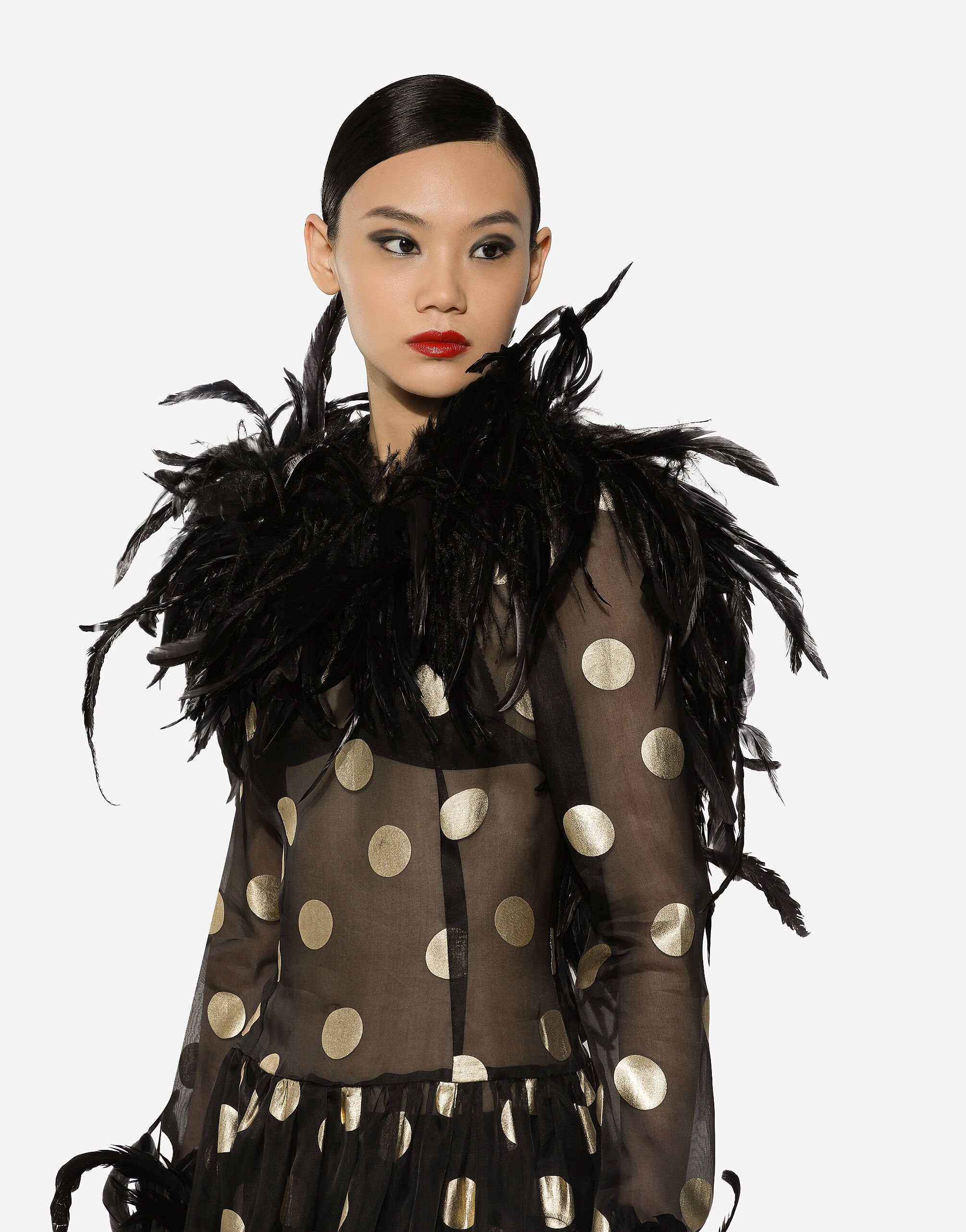 DOLCE & GABBANA ロコフラクテホションショルタハック Long polka-dot silk organza dress with feathered details in