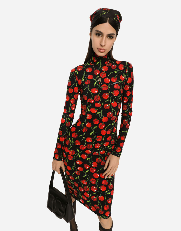 Dolce&Gabbana Long-sleeved jersey midi dress with cherry print Multicolor F6AJMTFSG54