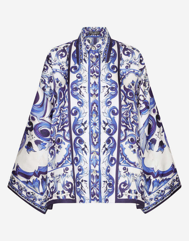 Dolce&Gabbana Camisa de sarga con estampado de mayólica con aberturas Multicolor F5O28THI1BO