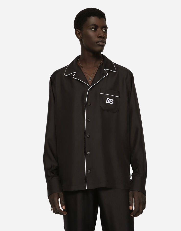 Dolce & Gabbana قميص حرير برقعة بتطريز شعار DG أسود G5IF1ZGF856