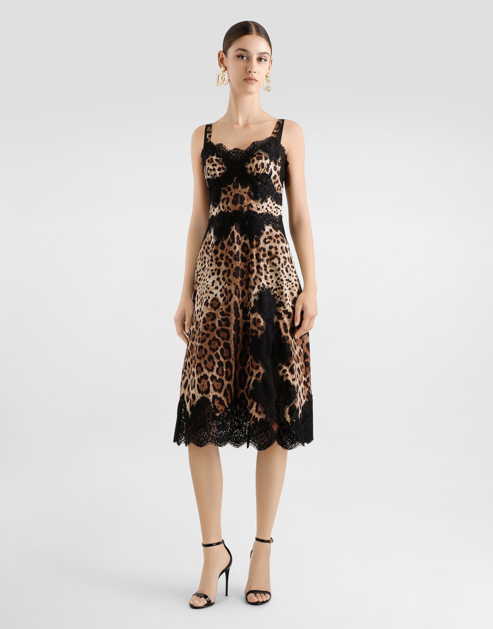 Leopard-print satin midi lingerie-style dress with lace