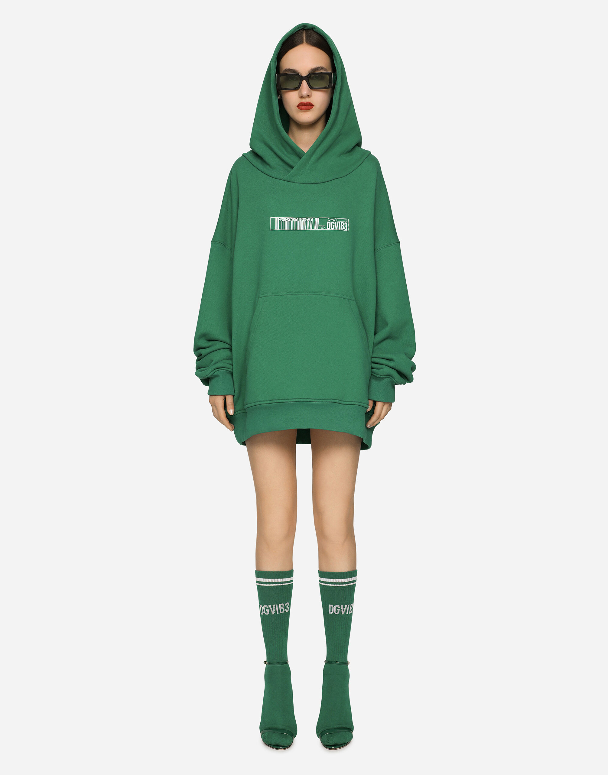 Oversize cotton jersey hoodie with DGVIB3 print in Green for
