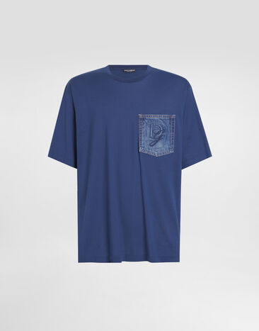 Dolce & Gabbana Cotton T-shirt with breast pocket and logo embroidery Blue G8PN9ZG7O4J