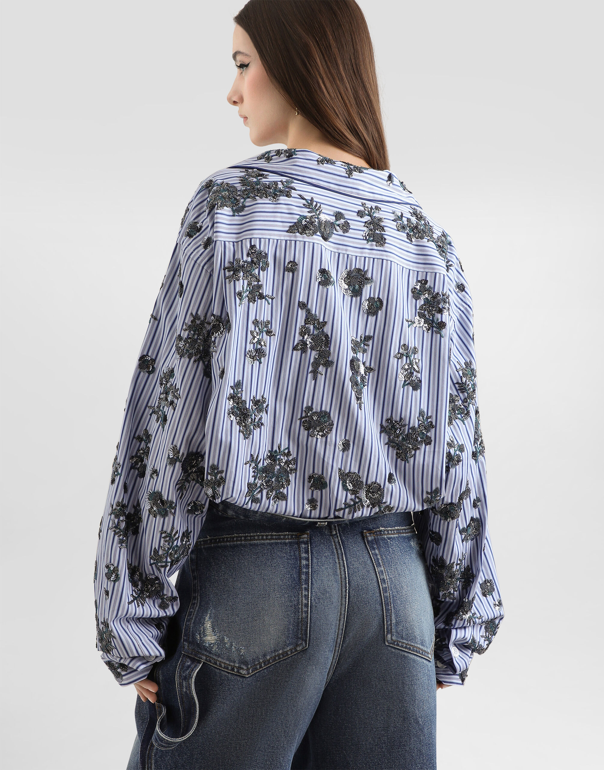 Poplin shirt with crystal flower embroidery in Multicolor for