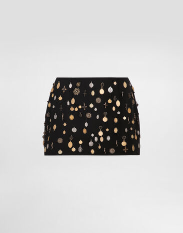 Dolce & Gabbana Cotton canvas miniskirt with all-over small medal embroidery Black F4CC8ZGDCS7