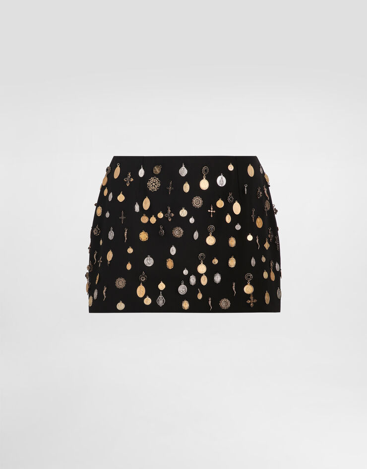 Dolce & Gabbana Minifalda de tela de algodón con bordado integral de medallitas Negro F4CC8ZGDCS7