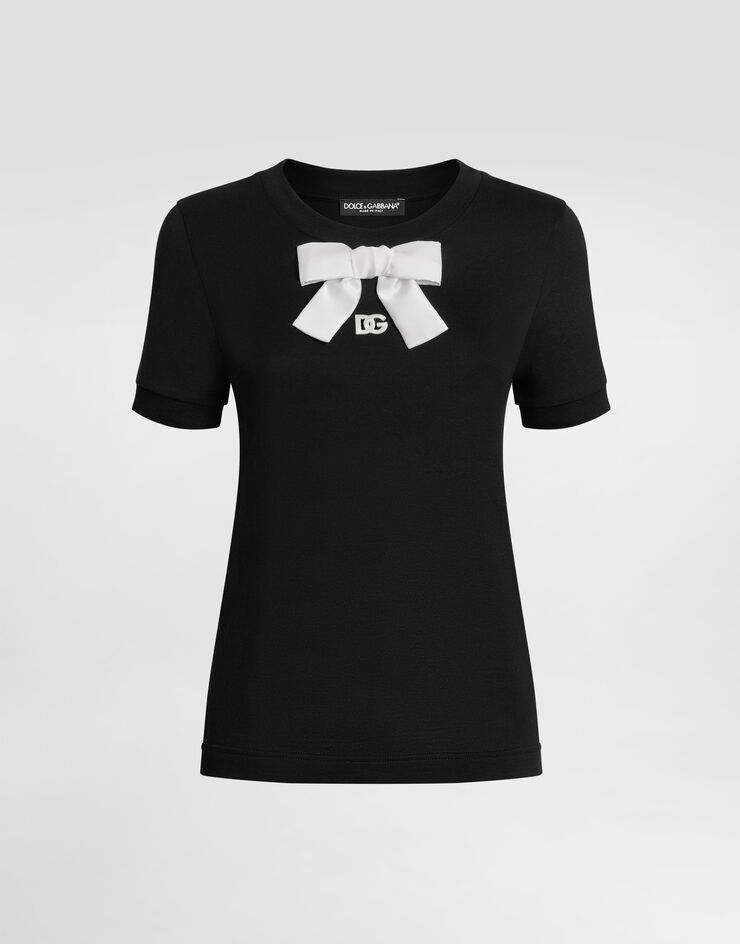 Dolce & Gabbana Jersey t-shirt with DG embroidery and bow Black F8N08ZGDC6K