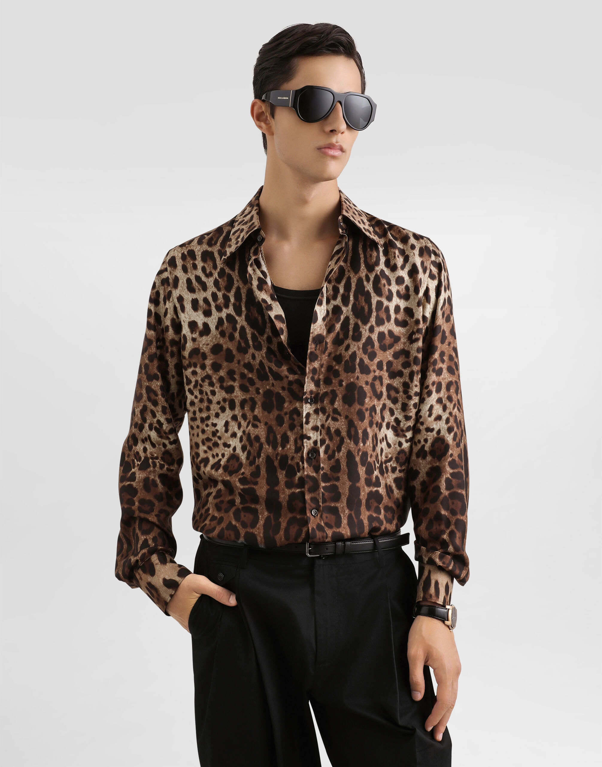 Printのメンズ Leopard-print gold twill shirt | Dolce&Gabbana®