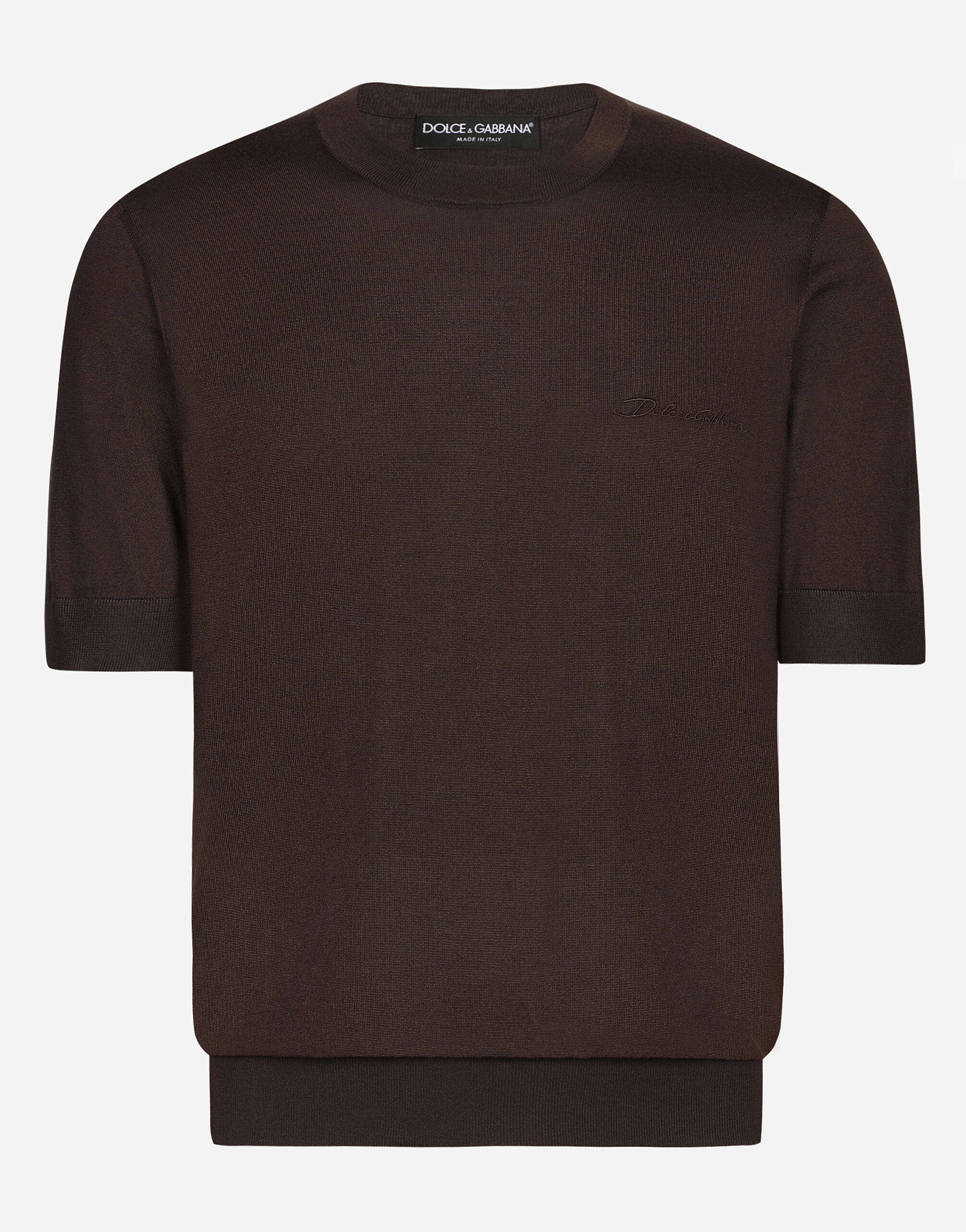 Round neck silk sweater with Dolce Gabbana logo in Brown for Men Dolce Gabbana