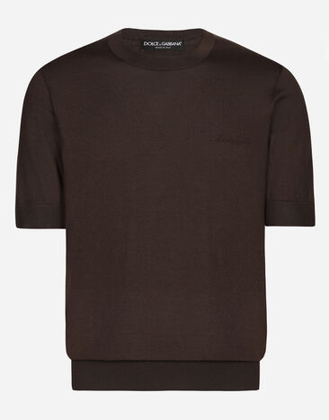 Dolce & Gabbana Jersey de cuello redondo de seda con logotipo Dolce&Gabbana Marrón GXX03ZJBSJS