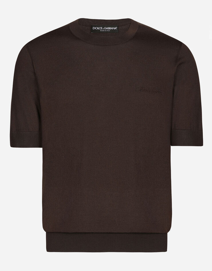 Dolce & Gabbana Maglia girocollo in seta con logo Dolce&Gabbana Marrone GXX03ZJBSJS