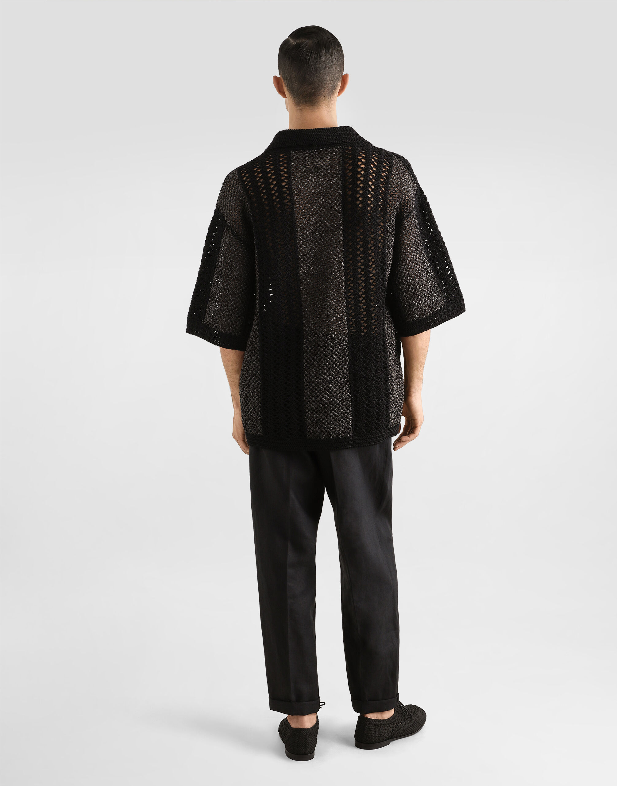Short-sleeved cotton crochet polo-shirt in Black for Men