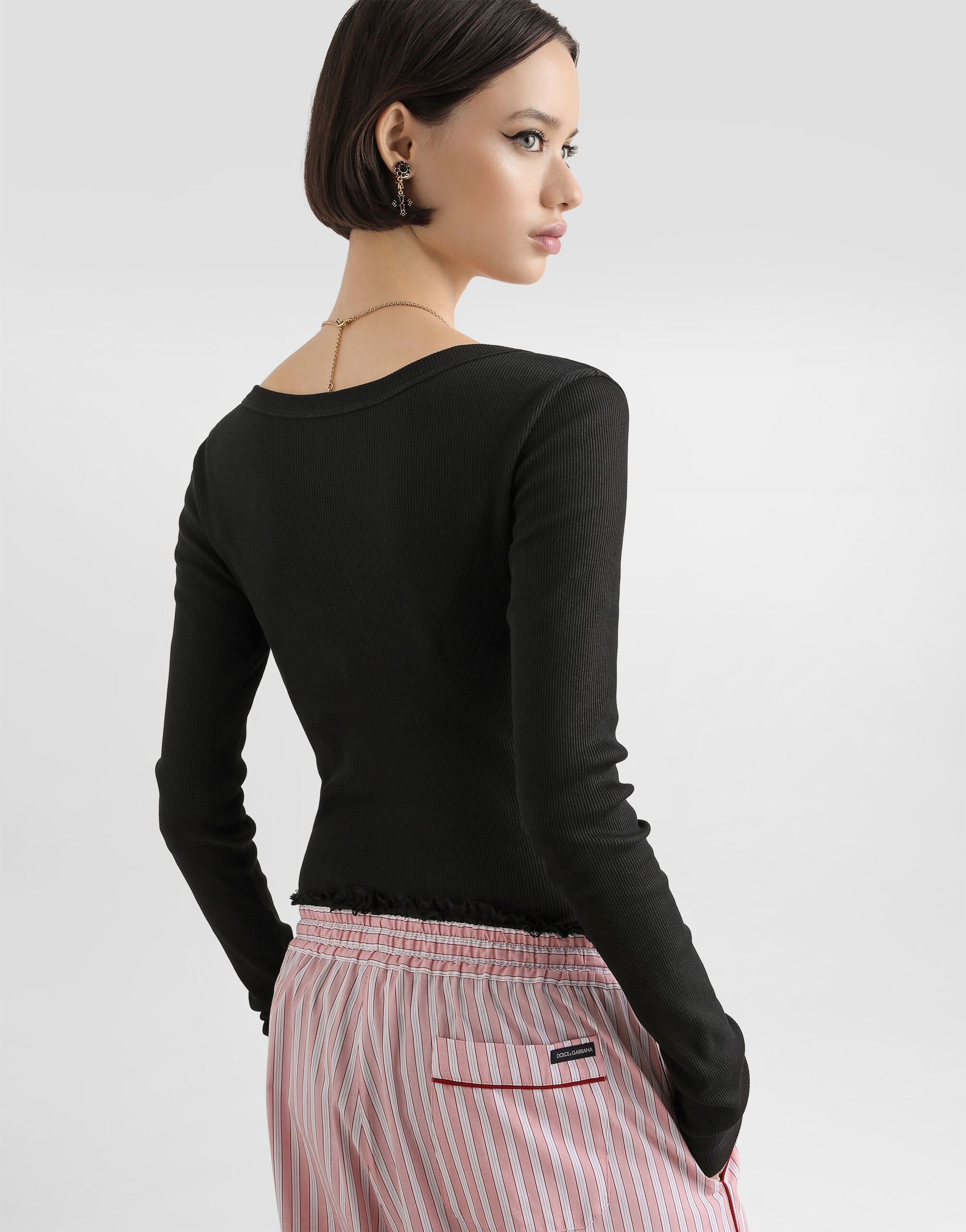 Ribbed cotton serafino t-shirt in Black for Women | Dolce&Gabbana® US