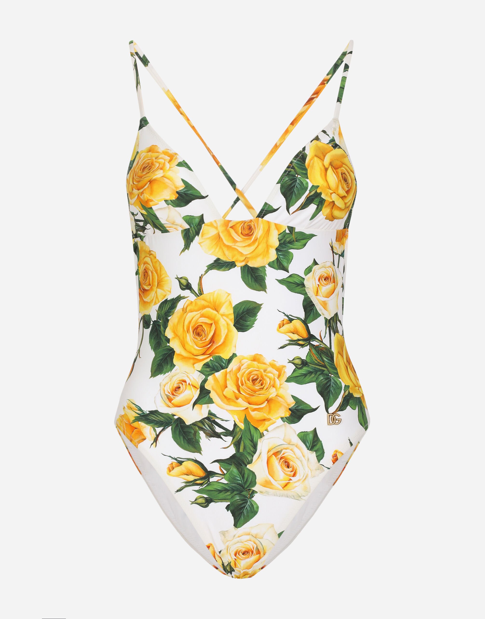 Dolce & Gabbana One-piece swimsuit with plunging neckline and yellow rose print Print O8B76JFSG8G