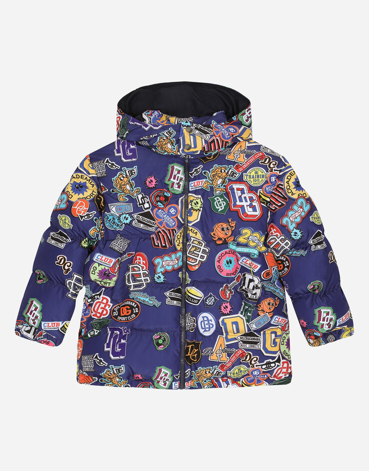 DolceGabbanaSpa Nylon down jacket with hood and stickers print Blue L4JB6FISMFK