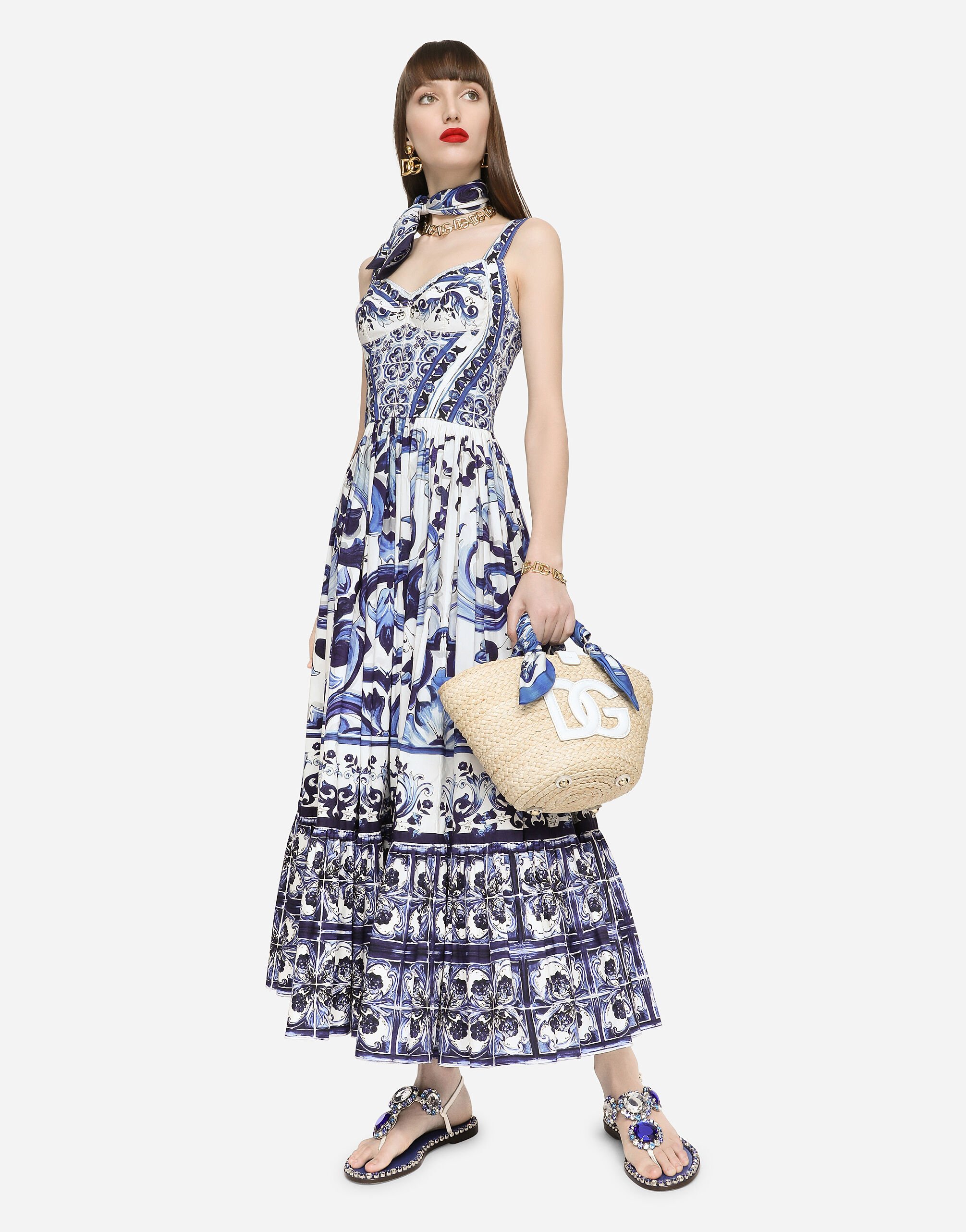 Calf length bustier dress in majolica print poplin in Multicolor for Women Dolce Gabbana US