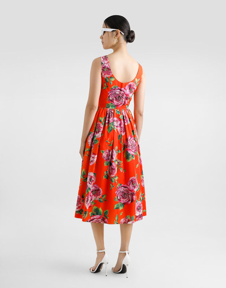 Dolce & Gabbana Vestido babydoll longuette de algodón con estampado de rosas Imprima F6JHVTHS5TI