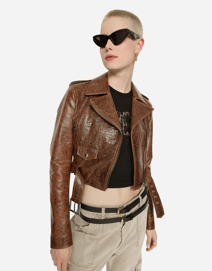 Dolce&Gabbana Bikerjacke aus Kunstleder aus beschichteter Baumwolle Braun F9Q81THUMSE