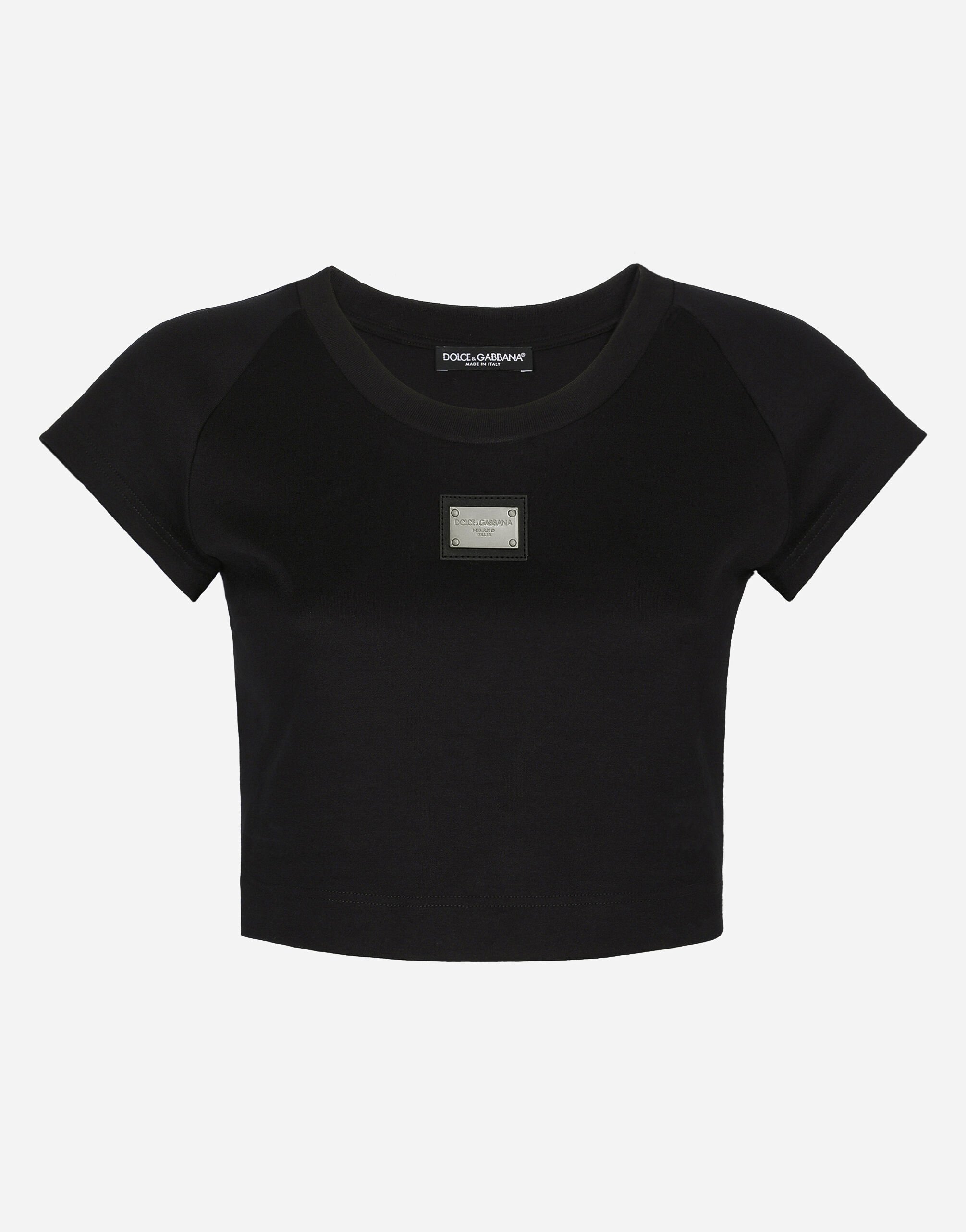 Dolce & Gabbana Cropped-T-Shirt aus Jersey mit Dolce&Gabbana-Plakette Schwarz VG443FVP187