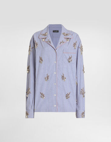 Dolce & Gabbana Camisa en algodón con bordado floral de cristales Multicolor F5U28ZGDDSN