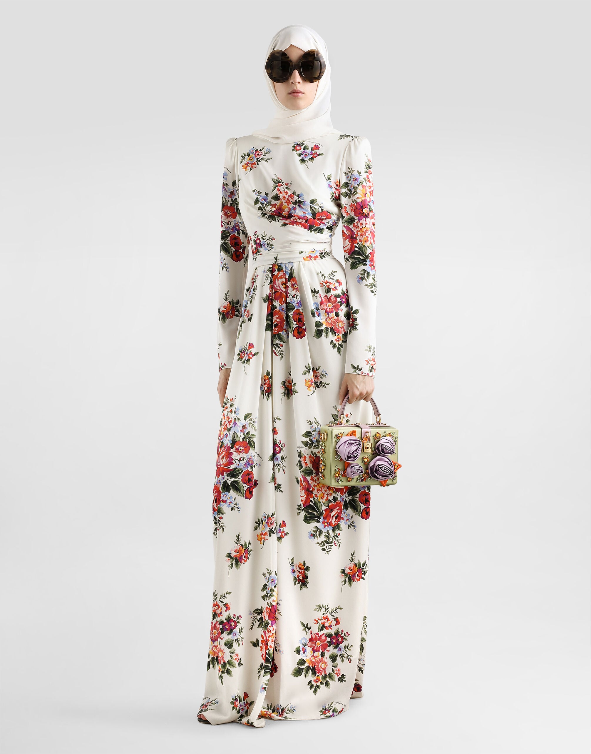 Flower bouquet-print charmeuse dress in Multicolor for Women
