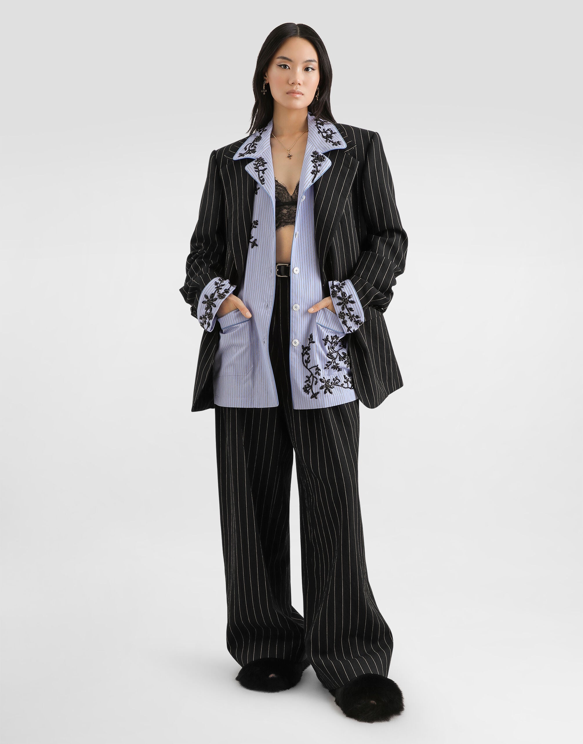 Pinstripe trousers in virgin wool and linen in Multicolor for