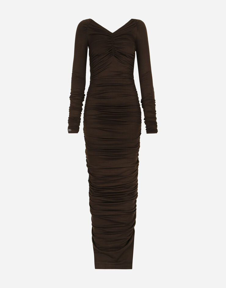 Dolce&Gabbana V-neck calf-length dress in wool jersey Brown F6COMTFUGRH
